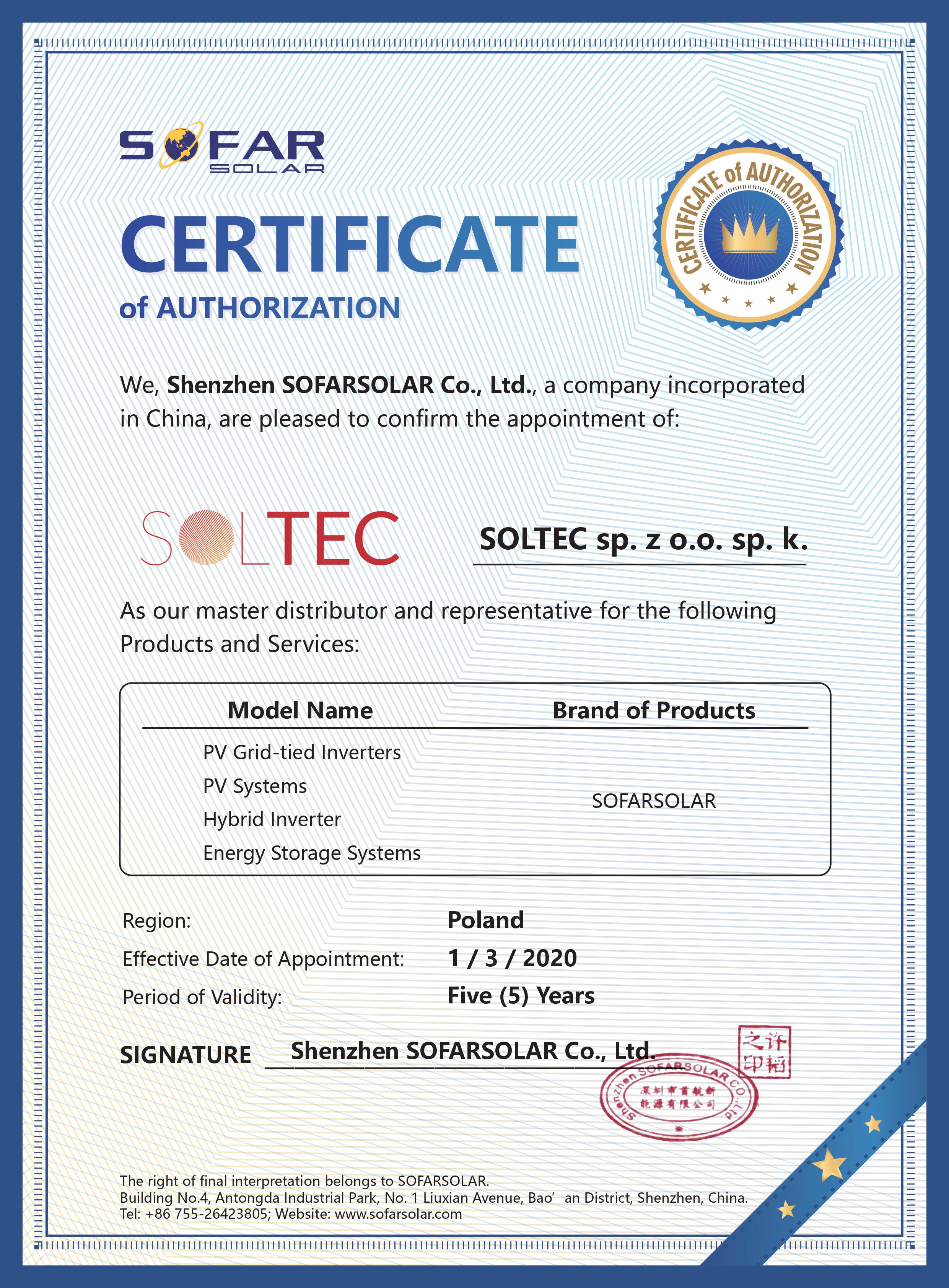 Certyfikat Sofar Solar