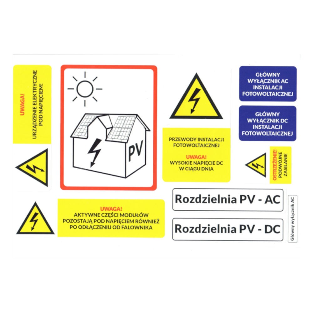 Zestaw naklejek ostrzegawczych instalacji PV